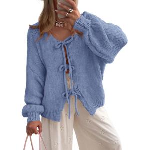 PRETTYGARDEN Women’s Tie Front Bow Cardigan Sweaters Chunky Knit Long Puff Sleeve Trendy Fall Winter Jacket Coats(Mist Blue)