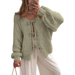 PRETTYGARDEN Women’s Tie Front Bow Cardigan Sweaters Chunky Knit Long Puff Sleeve Trendy Fall Winter Jacket Coats(Mist Green)