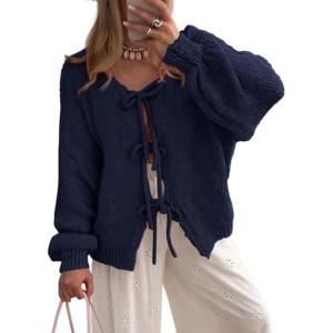 PRETTYGARDEN Women’s Tie Front Bow Cardigan Sweaters Chunky Knit Long Puff Sleeve Trendy Fall Winter Jacket Coats(Navy)