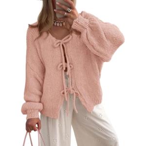 PRETTYGARDEN Women’s Tie Front Bow Cardigan Sweaters Chunky Knit Long Puff Sleeve Trendy Fall Winter Jacket Coats(Pink)