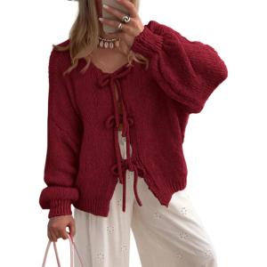 PRETTYGARDEN Women’s Tie Front Bow Cardigan Sweaters Chunky Knit Long Puff Sleeve Trendy Fall Winter Jacket Coats(Wine Red)