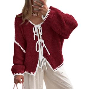 PRETTYGARDEN Women’s Tie Front Bow Cardigan Sweaters Chunky Knit Long Puff Sleeve Trendy Fall Winter Jacket Coats(Wine Red White)