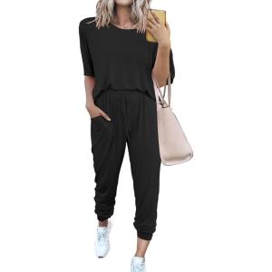 PRETTYGARDEN Women’s Two Piece Lounge Sets 2026 Spring Summer Jogger Pants Vacation Outfits Travel Airplane Matching Clothes(A-black)