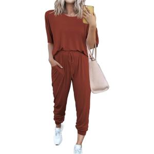 PRETTYGARDEN Women’s Two Piece Lounge Sets 2026 Spring Summer Jogger Pants Vacation Outfits Travel Airplane Matching Clothes(Brick Red)
