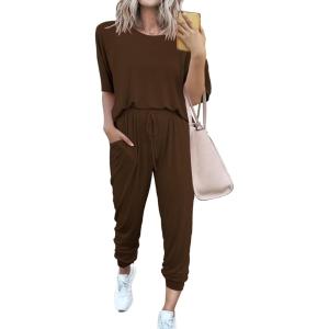 PRETTYGARDEN Women’s Two Piece Lounge Sets 2026 Spring Summer Jogger Pants Vacation Outfits Travel Airplane Matching Clothes(Brown)