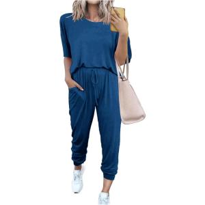 PRETTYGARDEN Women’s Two Piece Lounge Sets 2026 Spring Summer Jogger Pants Vacation Outfits Travel Airplane Matching Clothes(Dark Blue)