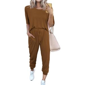 PRETTYGARDEN Women’s Two Piece Lounge Sets 2026 Spring Summer Jogger Pants Vacation Outfits Travel Airplane Matching Clothes(Dark Brown)