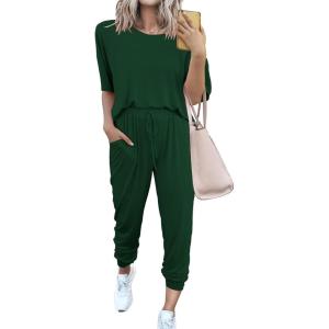 PRETTYGARDEN Women’s Two Piece Lounge Sets 2026 Spring Summer Jogger Pants Vacation Outfits Travel Airplane Matching Clothes(Dark Green)