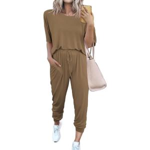 PRETTYGARDEN Women’s Two Piece Lounge Sets 2026 Spring Summer Jogger Pants Vacation Outfits Travel Airplane Matching Clothes(Dark Khaki)