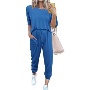 PRETTYGARDEN Women’s Two Piece Lounge Sets 2026 Spring Summer Jogger Pants Vacation Outfits Travel Airplane Matching Clothes(Grey Blue)