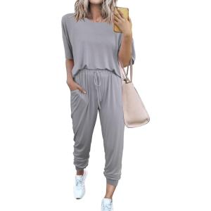 PRETTYGARDEN Women’s Two Piece Lounge Sets 2026 Spring Summer Jogger Pants Vacation Outfits Travel Airplane Matching Clothes(Light Grey)