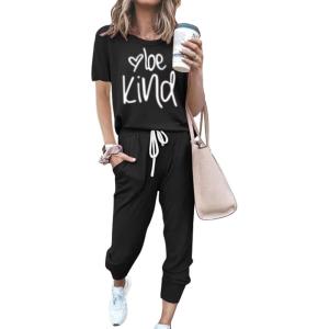 PRETTYGARDEN Women’s Two Piece Lounge Sets 2026 Spring Summer Jogger Pants Vacation Outfits Travel Airplane Matching Clothes(Print Black)