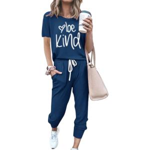 PRETTYGARDEN Women’s Two Piece Lounge Sets 2026 Spring Summer Jogger Pants Vacation Outfits Travel Airplane Matching Clothes(Print Dark Blue)