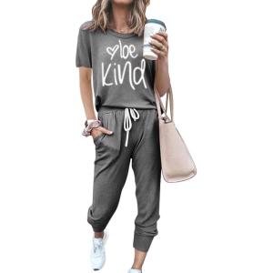 PRETTYGARDEN Women’s Two Piece Lounge Sets 2026 Spring Summer Jogger Pants Vacation Outfits Travel Airplane Matching Clothes(Print Dark Grey)