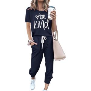 PRETTYGARDEN Women’s Two Piece Lounge Sets 2026 Spring Summer Jogger Pants Vacation Outfits Travel Airplane Matching Clothes(Print Navy)