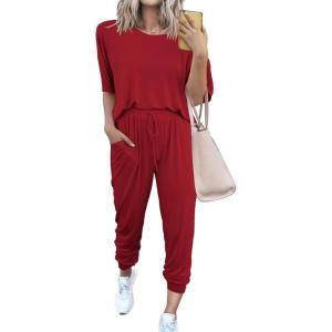 PRETTYGARDEN Women’s Two Piece Lounge Sets 2026 Spring Summer Jogger Pants Vacation Outfits Travel Airplane Matching Clothes(Red)