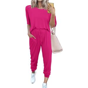 PRETTYGARDEN Women’s Two Piece Lounge Sets 2026 Spring Summer Jogger Pants Vacation Outfits Travel Airplane Matching Clothes(Rose Red)