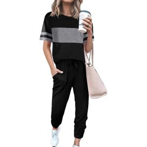 PRETTYGARDEN Women’s Two Piece Lounge Sets 2026 Spring Summer Jogger Pants Vacation Outfits Travel Airplane Matching Clothes(Striped Black)