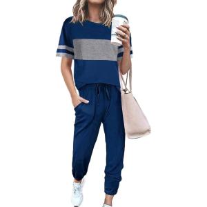 PRETTYGARDEN Women’s Two Piece Lounge Sets 2026 Spring Summer Jogger Pants Vacation Outfits Travel Airplane Matching Clothes(Striped Bright Blue)