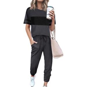 PRETTYGARDEN Women’s Two Piece Lounge Sets 2026 Spring Summer Jogger Pants Vacation Outfits Travel Airplane Matching Clothes(Striped Dark Grey)