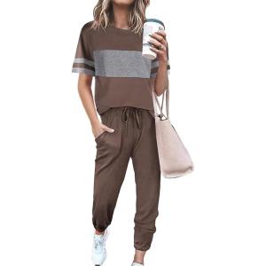 PRETTYGARDEN Women’s Two Piece Lounge Sets 2026 Spring Summer Jogger Pants Vacation Outfits Travel Airplane Matching Clothes(Striped Dark Khaki)