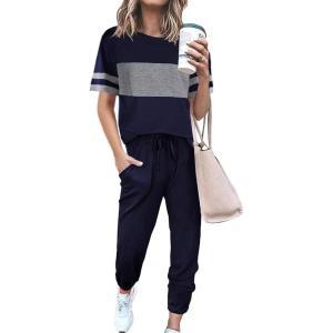 PRETTYGARDEN Women’s Two Piece Lounge Sets 2026 Spring Summer Jogger Pants Vacation Outfits Travel Airplane Matching Clothes(Striped Navy)