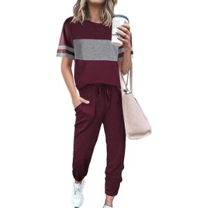 PRETTYGARDEN Women’s Two Piece Lounge Sets 2026 Spring Summer Jogger Pants Vacation Outfits Travel Airplane Matching Clothes(Striped Wine Red)