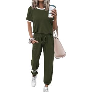 PRETTYGARDEN Women’s Two Piece Lounge Sets 2026 Spring Summer Jogger Pants Vacation Outfits Travel Airplane Matching Clothes(Stripes Army Green)