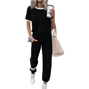 PRETTYGARDEN Women’s Two Piece Lounge Sets 2026 Spring Summer Jogger Pants Vacation Outfits Travel Airplane Matching Clothes(Stripes Black)
