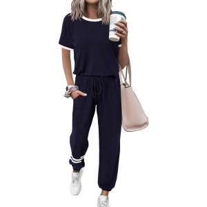 PRETTYGARDEN Women’s Two Piece Lounge Sets 2026 Spring Summer Jogger Pants Vacation Outfits Travel Airplane Matching Clothes(Stripes Dark Blue)
