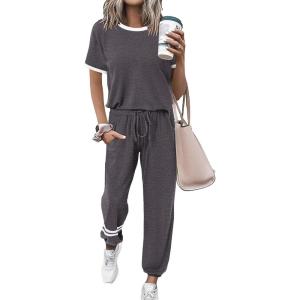 PRETTYGARDEN Women’s Two Piece Lounge Sets 2026 Spring Summer Jogger Pants Vacation Outfits Travel Airplane Matching Clothes(Stripes Grey)