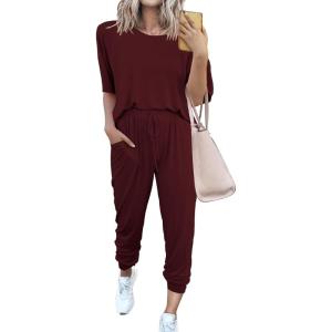 PRETTYGARDEN Women’s Two Piece Lounge Sets 2026 Spring Summer Jogger Pants Vacation Outfits Travel Airplane Matching Clothes(Wine Red)