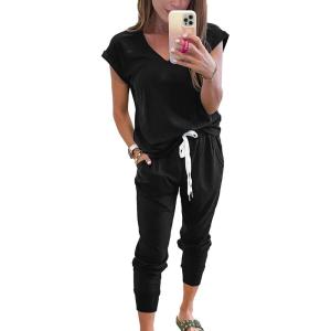 PRETTYGARDEN Women’s Two Piece Tracksuit Casual Summer V Neck Short Sleeve Tops Drawstring Jogger Pants Lounge Outfit Sets(Black)