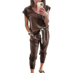 PRETTYGARDEN Women’s Two Piece Tracksuit Casual Summer V Neck Short Sleeve Tops Drawstring Jogger Pants Lounge Outfit Sets(Brown)