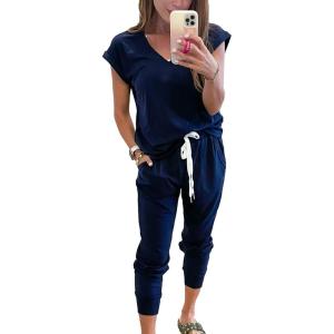 PRETTYGARDEN Women’s Two Piece Tracksuit Casual Summer V Neck Short Sleeve Tops Drawstring Jogger Pants Lounge Outfit Sets(Dark Blue)