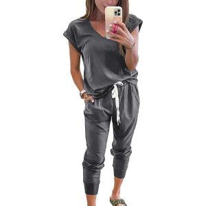 PRETTYGARDEN Women’s Two Piece Tracksuit Casual Summer V Neck Short Sleeve Tops Drawstring Jogger Pants Lounge Outfit Sets(Dark Grey)