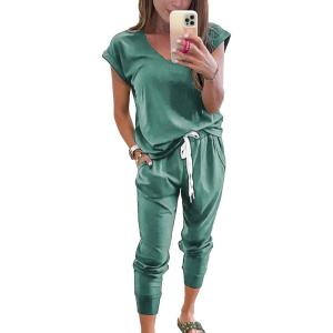 PRETTYGARDEN Women’s Two Piece Tracksuit Casual Summer V Neck Short Sleeve Tops Drawstring Jogger Pants Lounge Outfit Sets(Grey Green)