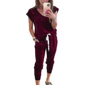 PRETTYGARDEN Women’s Two Piece Tracksuit Casual Summer V Neck Short Sleeve Tops Drawstring Jogger Pants Lounge Outfit Sets(Jujube Red)