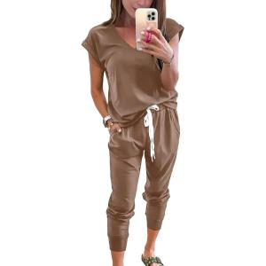 PRETTYGARDEN Women’s Two Piece Tracksuit Casual Summer V Neck Short Sleeve Tops Drawstring Jogger Pants Lounge Outfit Sets(Khaki)