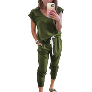 PRETTYGARDEN Women’s Two Piece Tracksuit Casual Summer V Neck Short Sleeve Tops Drawstring Jogger Pants Lounge Outfit Sets(Light Army Green)