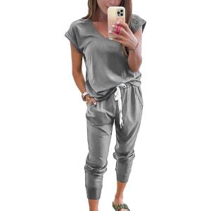 PRETTYGARDEN Women’s Two Piece Tracksuit Casual Summer V Neck Short Sleeve Tops Drawstring Jogger Pants Lounge Outfit Sets(Light Grey)