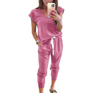 PRETTYGARDEN Women’s Two Piece Tracksuit Casual Summer V Neck Short Sleeve Tops Drawstring Jogger Pants Lounge Outfit Sets(Pink)