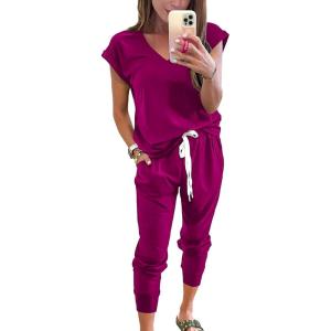 PRETTYGARDEN Women’s Two Piece Tracksuit Casual Summer V Neck Short Sleeve Tops Drawstring Jogger Pants Lounge Outfit Sets(Purple)