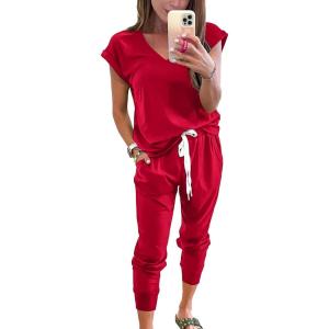 PRETTYGARDEN Women’s Two Piece Tracksuit Casual Summer V Neck Short Sleeve Tops Drawstring Jogger Pants Lounge Outfit Sets(Red)