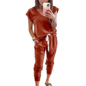PRETTYGARDEN Women’s Two Piece Tracksuit Casual Summer V Neck Short Sleeve Tops Drawstring Jogger Pants Lounge Outfit Sets(Rust Red)