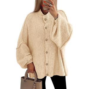 PRETTYGARDEN Women’s Winter Button Down Cardigan Sweaters Mock Neck Lantern Long Sleeve Chunky Knit Jacket Trendy Outerwear(Beige)