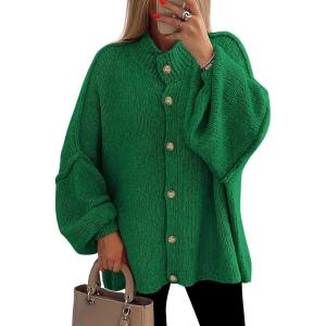 PRETTYGARDEN Women’s Winter Button Down Cardigan Sweaters Mock Neck Lantern Long Sleeve Chunky Knit Jacket Trendy Outerwear(Green)