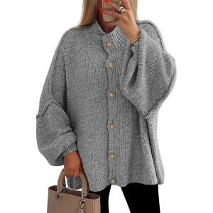 PRETTYGARDEN Women’s Winter Button Down Cardigan Sweaters Mock Neck Lantern Long Sleeve Chunky Knit Jacket Trendy Outerwear(Grey)