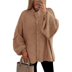 PRETTYGARDEN Women’s Winter Button Down Cardigan Sweaters Mock Neck Lantern Long Sleeve Chunky Knit Jacket Trendy Outerwear(Khaki)