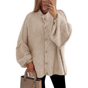 PRETTYGARDEN Women’s Winter Button Down Cardigan Sweaters Mock Neck Lantern Long Sleeve Chunky Knit Jacket Trendy Outerwear(Light Khaki)